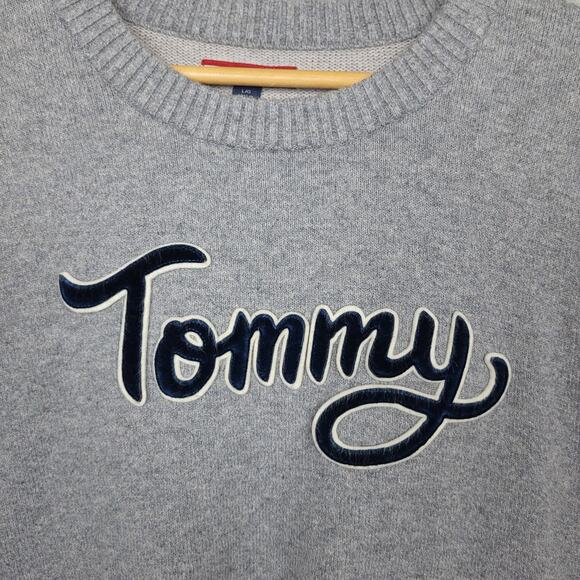 Tommy Hilfiger Women's Knit Velvet Logo Crewneck Wool Blend Sweater Large Gray - Picture 4 of 10